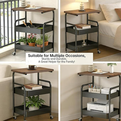 3 Tier Rolling Utility Cart Organizer with Walnut Table Top, Metal Stable and Sturdy Rolling Storage Carts with 2 Lockable Wheels for Kitchen，Snacks，Coffee，Bathroom，Makeup，Craft