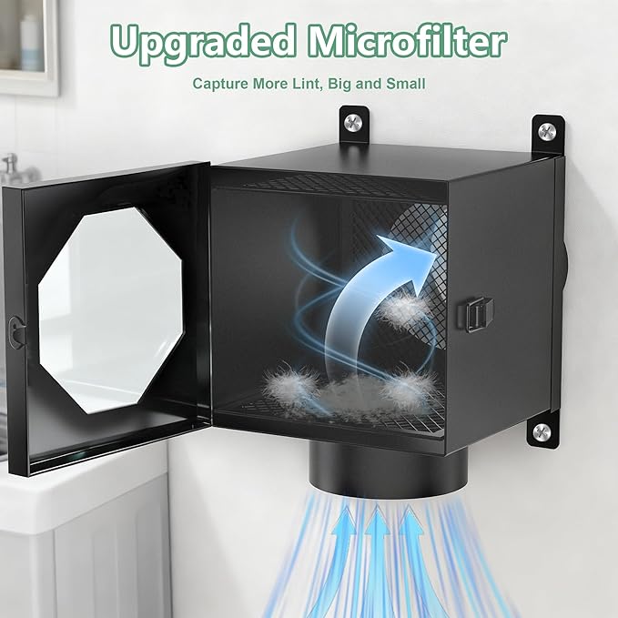 Metal Indoor Dryer Vent Lint Trap Box, 4" Secondary Dryer Lint Catcher Kit with 5FT Hose & Stainless Steel Clamps, Easy to Install for Electric Clothes Dryer, 90-degree Dryer Vent Filter (Black)