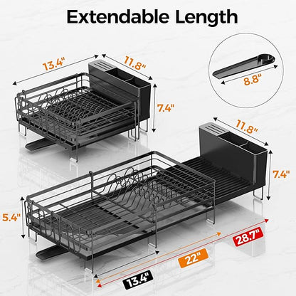 Delamu Stainless Steel Dish Drying Rack, Expandable Dish Drainer, Anti-Rust Large Dish Racks for Kitchen Counter, Dish Strainers with Drainboard, Utensil & Cup Holder, 13.4"-28.7" L x 11.8" W, Black