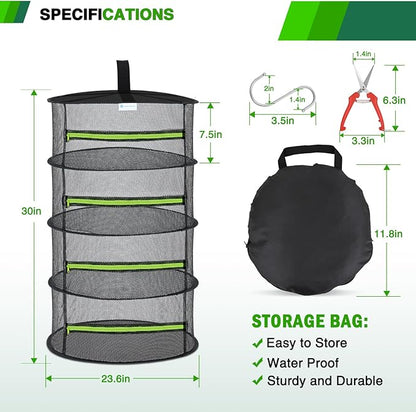 Yesker 4 Layer Herb Drying Rack Hanging Mesh Net Foldable Plant Drying Racks 24" w Green Zipper Pruning Shears Hook Dryer Hanging Rack for Herbs Seed Bud Fruit Clothes Grow Tent Closets Garden Outdoor