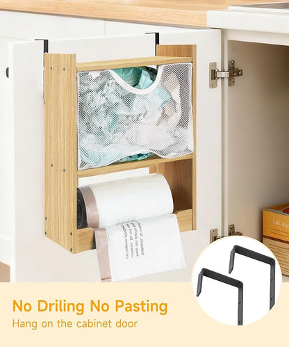 ZIFTY 2-in-1 Trash Bag Dispenser Grocery Holder, Wall Mount Garbage Bag Dispenser Space-Saving and Large Storage Capacity, Bamboo Roll Plastic Case Organizer for Home Kitchen Laundry Pantry