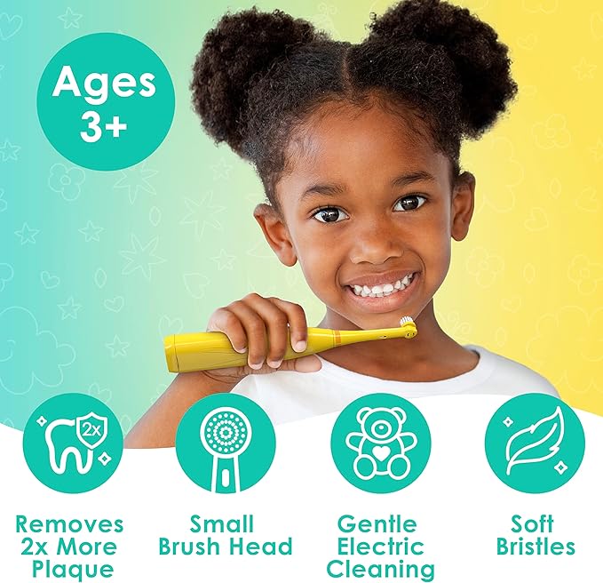 Brusheez Kids’ Electric Toothbrush Set - Safe & Effective for Ages 3+ - Parent Tested & Approved with Gentle Bristles, 2 Brush Heads, Rinse Cup, 2-Minute Timer, & Storage Base (Jovie the Giraffe)