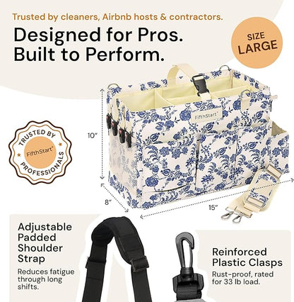 Multiuse Large Blue Floral Diaper Caddy with Waist, Shoulder Strap, 9 Pockets, Mesh Base, and Adjustable Compartments