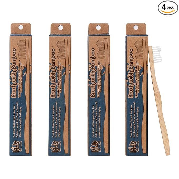 Brush with Bamboo Toothbrush with Plant-Based Bristles, Organic Bamboo, BPA-Free, Eco-Friendly, 100% Biobased, Soft Bristles, Zero Waste, Dental Care Product - 4 Pack