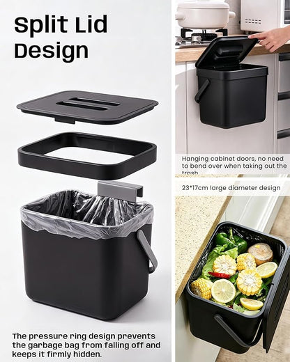 Countertop Compost Bin Kitchen, 1.8 Gallons Hanging Trash Can with Lid for Kitchen Cabinet Door, Under Sink, Wall Mounted Waste Bin for Bathroom, 7L(Black)
