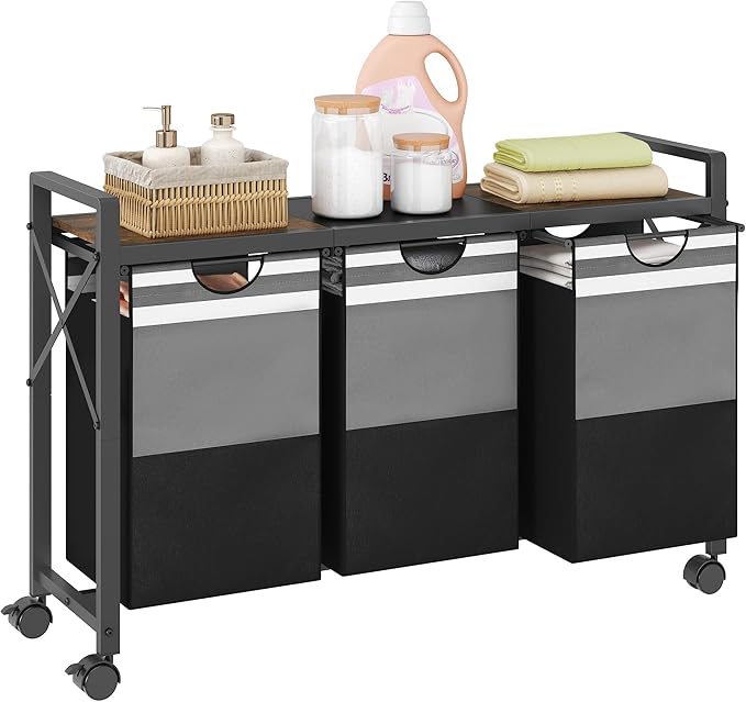 FAVOOSTY Laundry Sorter with Shelf,Laundry Basket Organizer,Laundry Hamper with Shelf, 3 ×11 Gal（50L）3 Section Laundry Sorter with Pull-Out Removable Oxford Fabric Bags and Movable Wheels Grey Black