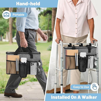 Rhino Valley Walker Bag, Large Capacity Walker Accessories Storage Bag with Multi Pockets & Cup Holder, Walker Basket with 4 pockets for Universal Walkers for Seniors, Gray