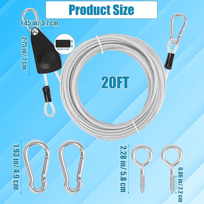 20FT Retractable Travel Clothesline, Adjustable Outdoor Clothesline Drying Clothes Line Laundry for Travel Camping, with Ratchet Pulley/ 2 Screws/ 2 Buckles (Black+Silver, 236, Inches)