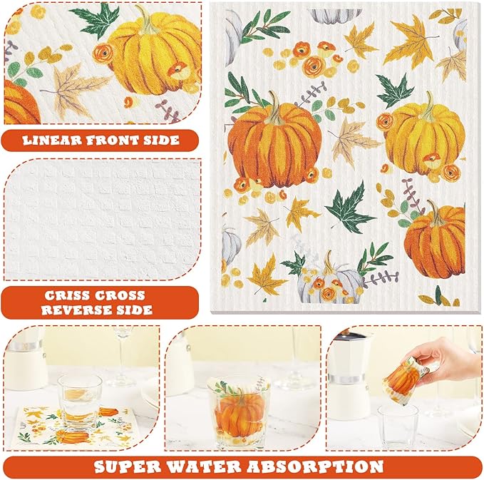Remagr 6 Pcs Swedish Kitchen Dish Towels Kitchen Cloths Reusable Sponge Cleaning Cloths Absorbent Dish Cloth Quick Drying Washable Cleaning Wipes No Odor Hand Towel (Thanksgiving)