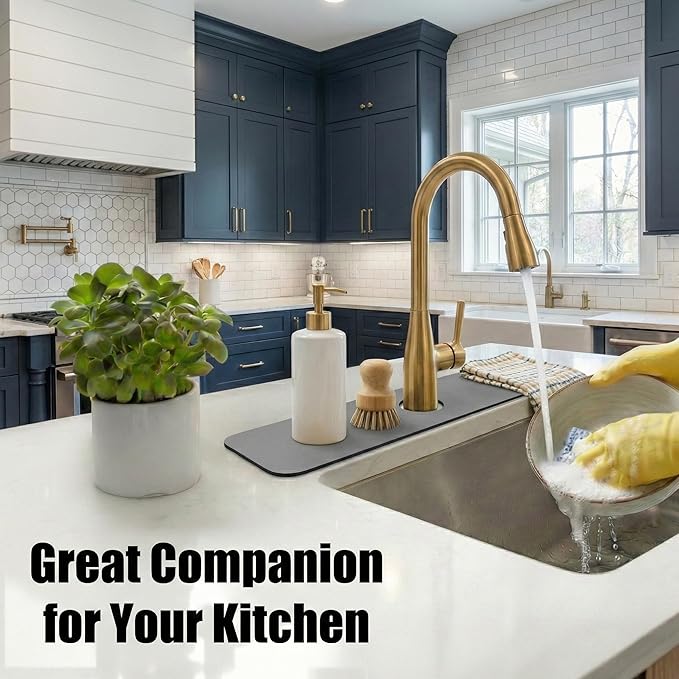 Customizable Kitchen Sink Faucet Mat: 30" Lx5.5 W Splash Guard, Pre-Cut Center Hole, Trimmable to Fit 2 & 3 Holes Faucet & Irregular Sink with Soap Dispenser - Bathroom Counter Protector Drip Catcher