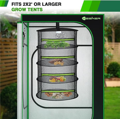 Yesker 4 Layer Herb Drying Rack Hanging Mesh Net Foldable Plant Drying Racks 24" Diameter with Green Zipper & Hook Dryer Hanging Rack for Herbs Seed Bud Fruit Clothes Grow Tent Closets Garden Outdoor