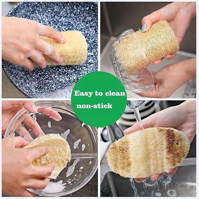 3-Pack Natural Dish Sponge Natural Loofah Sponges – Handheld Kitchen Dish Scrubber for Grease Removal, Plastic-Free Cleaning Tool