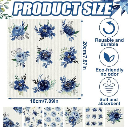 Sunnyray 12 Pcs Swedish Kitchen Dish Towels Dishcloth Reusable Sponge Cleaning Cloth Kitchen Towels Absorbent Washable Dish Cloth Drying Hand Towel(Blue, Watercolor Flower)
