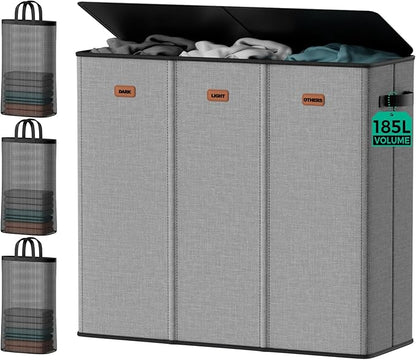 Laundry Hamper 3 Compartment 185L, Large Laundry Hamper with Lid and 3 Inner Bags, Dirty Clothes Hamper, Collapsible Laundry Sorter for Bedroom, Laundry Room, Dorm