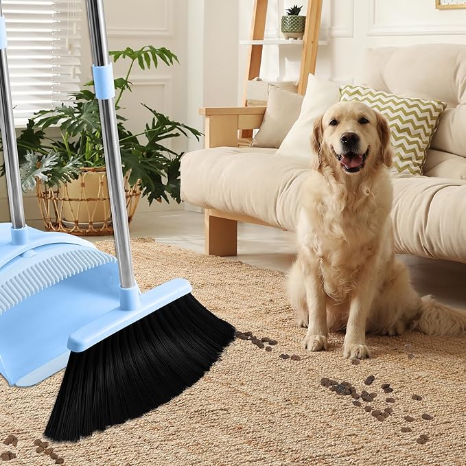 BSKLIN Broom and Dustpan Set House Brooms for Sweeping Indoor Collapsible Broom and Dust Pan Combo for Home Office Kitchen Lobby Floor Pet Hair (Small-Blue)