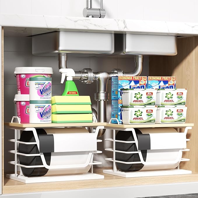 2 Pack Stackable Trash Bag Holders with Wood Top, Large & Small Garbage Bag Dispenser for Kitchen, Pantry, Laundry Room Organization, Wall Mount or Countertop Use, White