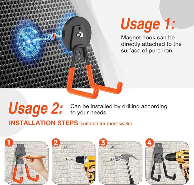 12 Pcs Magnetic Hooks Heavy Duty, Large Strong Magnetic Storage Hook for Hanging Garage Tool, 66mm Magnet Hooks with Anti-Slip Coating, Magnetic Holder for Power Drill/Metal Cabinet/Garden Tools