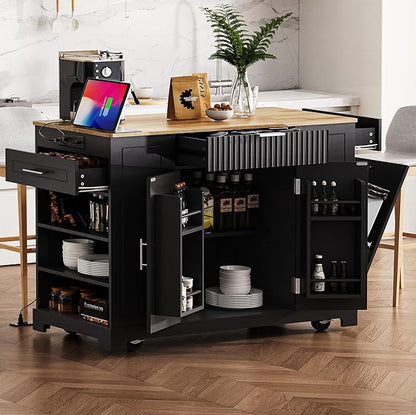 48.5" Kitchen Island with Trash Can Storage Cabinet, Power Outlet, Internal Storage Rack, Rolling Kitchen Islands Cart on 5 Wheels with 3 Drawers, 3 Open Side Racks, Black