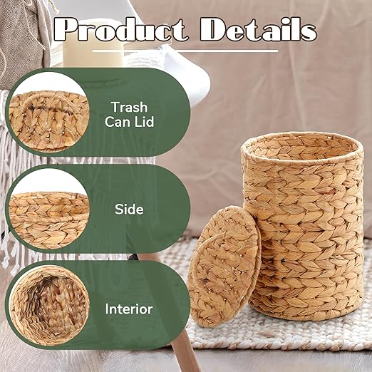 Boho Wicker Trash Can with Lid 1.3 Gallons Small Bathroom Trash Can with 100 Garbage Bags Water Hyacinth Wicker Waste Basket for Bedroom Bathroom Kitchen Living Room