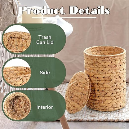 Boho Wicker Trash Can with Lid 1.3 Gallons Small Bathroom Trash Can with 100 Garbage Bags Water Hyacinth Wicker Waste Basket for Bedroom Bathroom Kitchen Living Room