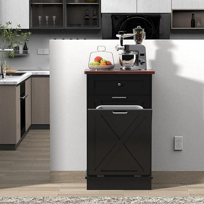 TOLEAD 10 Gallon Tilt Out Trash Can Cabinet Wooden Hidden Trash Cabinet with Solid Wood Top & Drawer, Farmhouse Kitchen Garbage Bin Enclosure Pet Proof Laundry Hamper for Kitchen, Bathroom Black