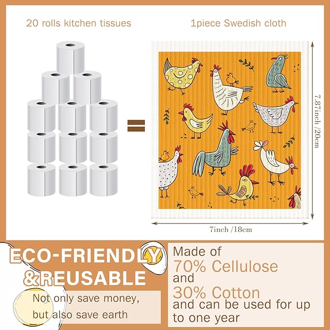 Cunhill 6 Pcs Chicken Kitchen Dish Cloth, Hand Towel, Reusable, Washable, Quick Drying, Decorative, Absorbent, No Odor Bar Towel