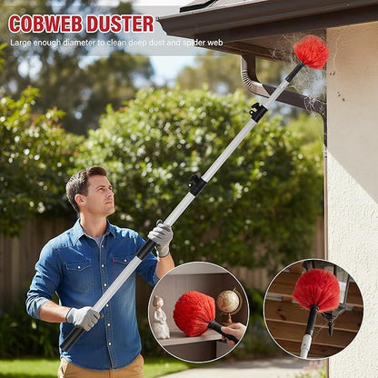 4 FT Duster with Extension Pole, 8 FT High Reach Ceiling Fan Cleaner Duster for Home, 2.5-4 FT Extendable Pole with 3 Pcs Dusting Tools, Cobweb Duster, Feather Dusters, Ceiling Fan Duster