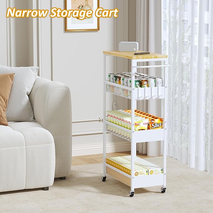 9.1" Wide Slim Rolling Utility Cart, 4 Tier Metal Narrow Storage Cart with Handle and Wood Top, Multifunctional Small Mobile Shelf Unit Organizer Trolley for Laundry, Bathroom, Kitchen
