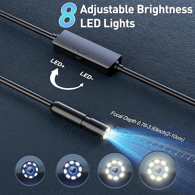 Endoscope Camera with Light, 16.4ft Semi-Rigid Snake Inspection Camera, 1920P HD Borescope with 8 Adjustable LED Lights, 7.9mm IP67 Waterproof Drain Pipe Borescope for iOS and Android
