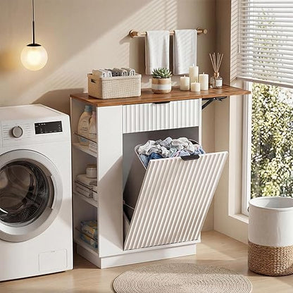 Kitchen Island Tilt-Out Trash Can Cabinet, 10 Gallon Fluted Laundry Hamper Cabinet with Drawers, Multipurpose Kitchen, Bathroom, Living Room Wooden Trash Bin