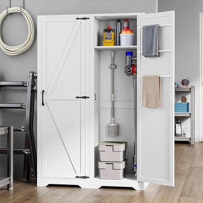 DWVO Broom Closet Storage Cabinet, Wooden Organizer for Mops, Brooms, and Bucket Vacuum Cleaners with Upper Shelf and Towel Hanging Options