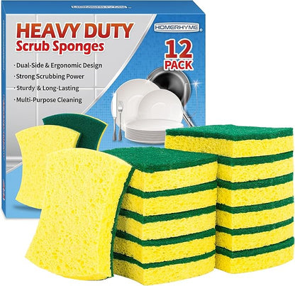 Heavy Duty Sponges, 12 Pack Cellulose Scrub Sponge, Dual-Sided Kitchen Sponge, Multipurpose Sturdy Ergonomic Design for Kitchen Dishwashing, Uncoated Cookware, Sink, and Countertops