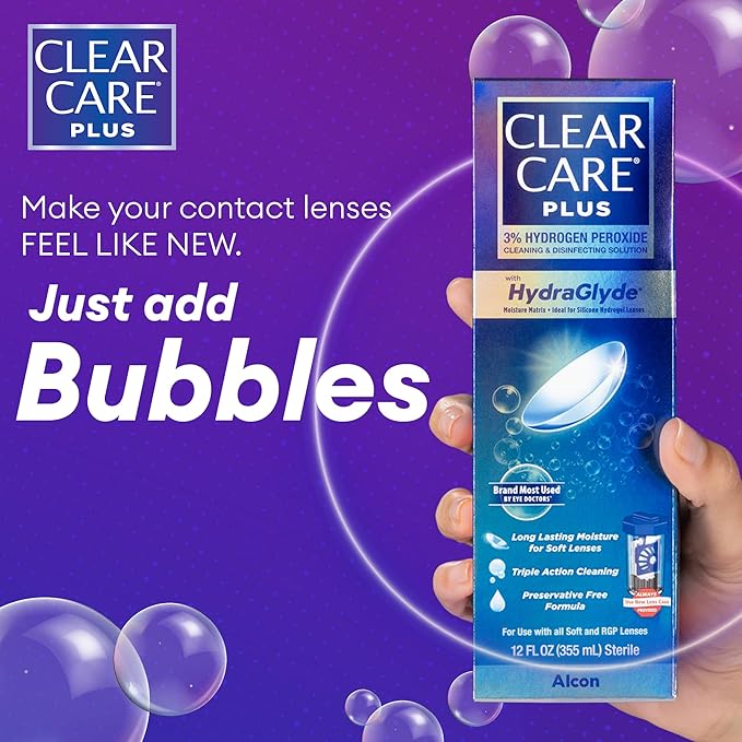 CLEAR CARE PLUS Cleaning & Disinfecting Contact Lens Solution (12 oz, Pack of 1), HydraGlyde Moisture Matrix, For Soft & RGP Lenses, Preservative-Free, Included Lens Case, Deep Cleaning Action