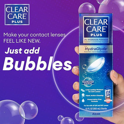 CLEAR CARE PLUS Cleaning & Disinfecting Contact Lens Solution (12 oz, Pack of 1), HydraGlyde Moisture Matrix, For Soft & RGP Lenses, Preservative-Free, Included Lens Case, Deep Cleaning Action