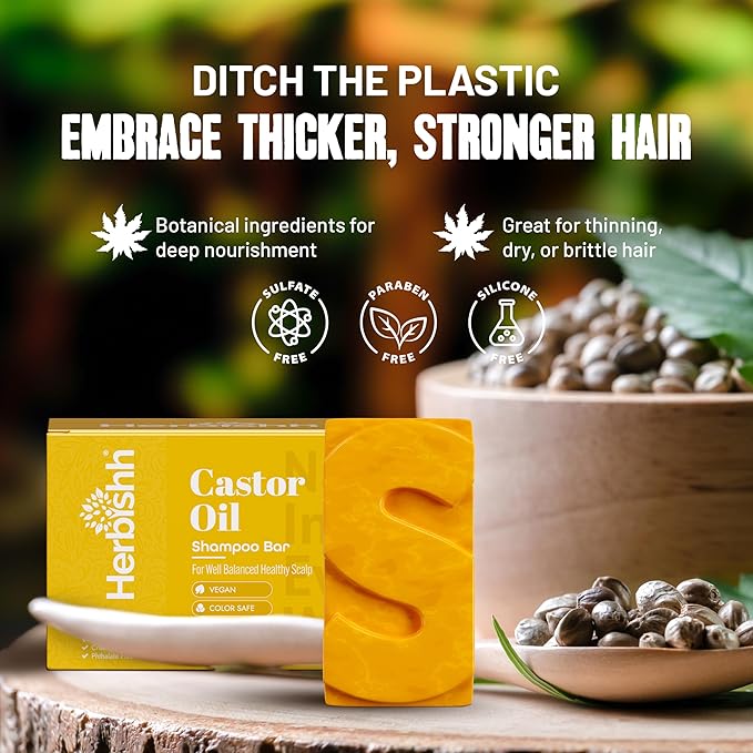 Herbishh Shampoo Bar for Hair Growth – Strengthening & Nourishing, Solid Soap for Thinning Hair, Paraben-Free & Sulfate-Free, 3.53 oz (Caster Oil Shampoo, Pack of 1)