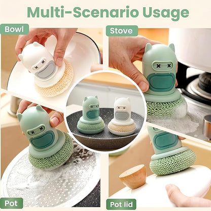 Refillable Soap Dispensing Dish Brush, Palm Grip Kitchen Scrubber, Push-Button Soap Dispenser, Heavy-Duty for Dishes Pots Pans Nonstick Cookware, BPA-Free Food-Safe Kitchen Cleaner (White)