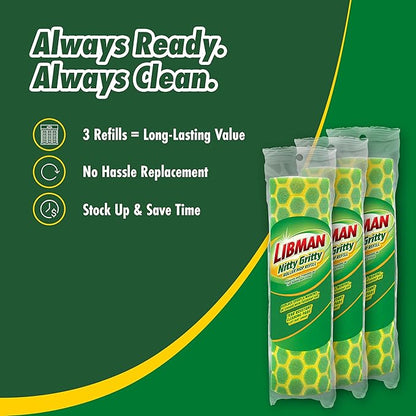 Libman Nitty Gritty Roller Mop Refills | Scrub Mop | Wet Mop | Mops for Floor Cleaning | Sponge Mop | Self Wringing Wood Floor Mop | | 3 Replacement Mop Heads Included