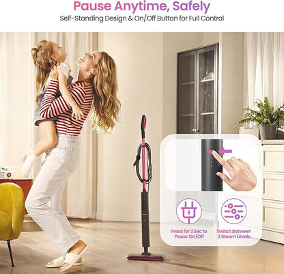 Schenley Steam Mop Cleaner Powerful - 15s Fast Heat-Up, Chemical-Free for Hardwood/Tile/Laminate & Floors/Walls, Washable Pads, 3 Modes for Carpet, Lightweight, Self-Standing, Sleek Design