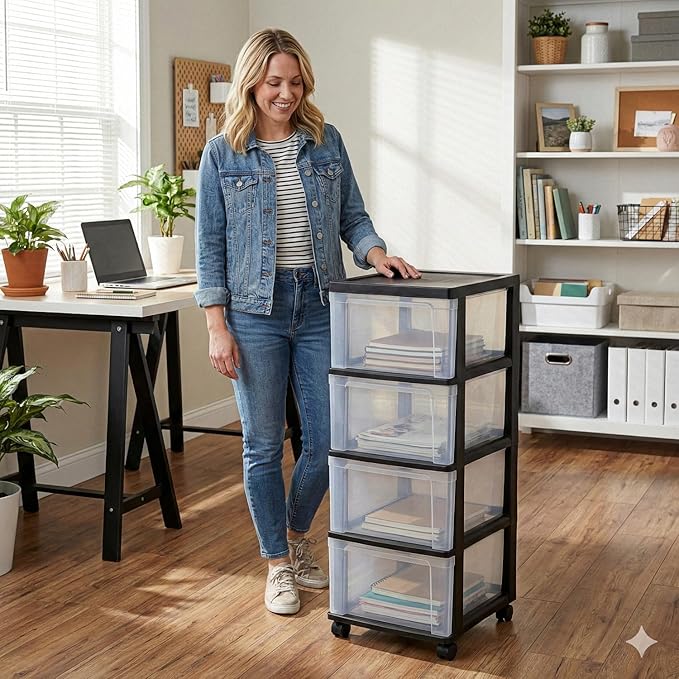 4-Drawer Narrow Storage Cart with Wheels - 32.5" Tall Slim Rolling Plastic Drawer Organizer Tower for Bathroom, Laundry Room, Kitchen & Office - Mobile Utility Unit with Clear Bins (Black)