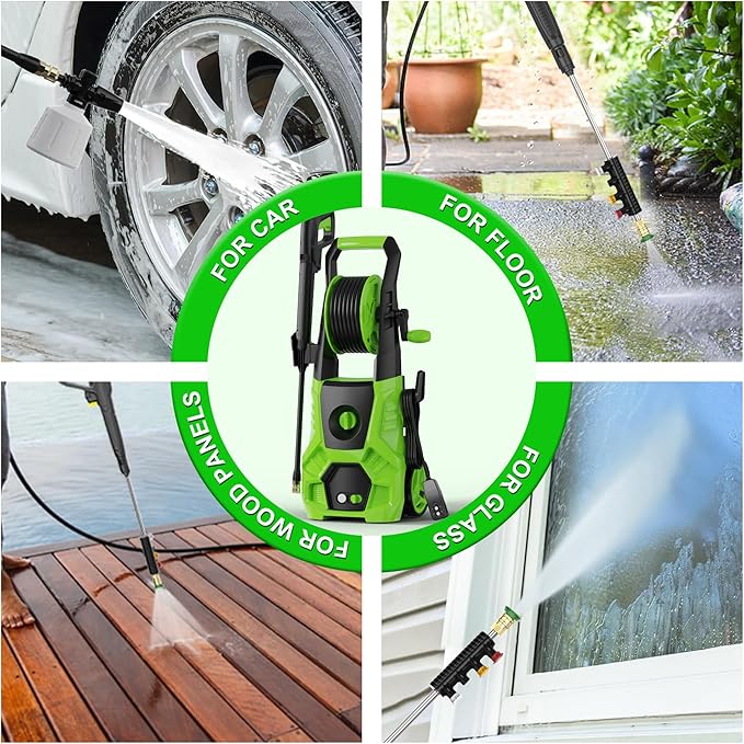 5000PSI PowerWasher with 4 Quick Connect Nozzles, Foam Cannon for Car, Lane, Patio Cleaning, Hydro Jet Pressure Hose Water Wand for Gutter Patio Car Garden Window, Green