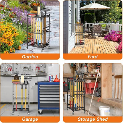 Heavy Duty Garden Tool Rack with Wheels Freestanding Organizer Holds Up to 40 Long Tools – Rakes, Shovels, Brooms, Metal Yard Tool for Garage, Shed & Outdoor Storage, Black