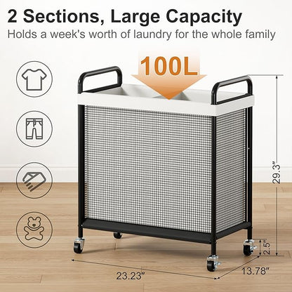 WOWLIVE Laundry Hamper 2 Section, 100L Rolling Laundry Basket with wheels and Removable Liner Bag, Double Laundry Sorter with Metal Handle, Clothes Hamper for Laundry Room, Bathroom and Dorm, Beige