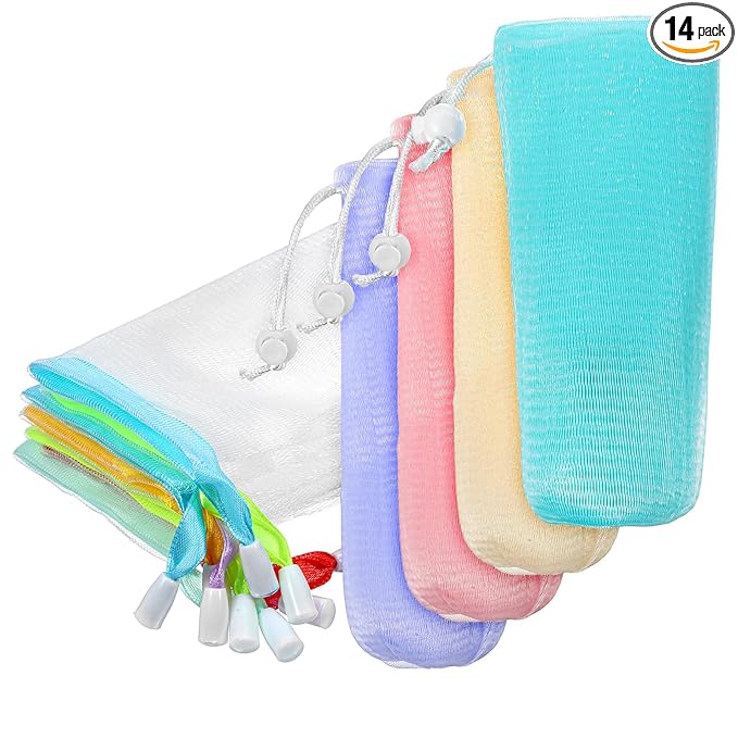 14 Pcs Soap Bags Exfoliating Mesh Soap Pouch Foam Net Soaps Saver Bubble Net Pouch Drawstring Holder Bag for Bath Shower Body Facial Cleaning Tool Multicolor Hangable