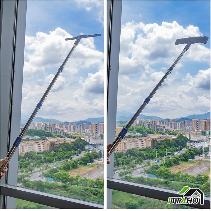 Window Squeegee Cleaner Tool,Window Cleaning Kit with Extension Pole,12" Squeegee and 11" Microfiber Scrubber Combi,Window Washing Equipment for Car, Indoor,Outdoor, High Windows-2 Pads