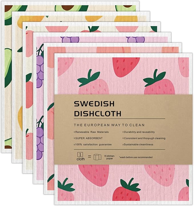 Swedish Dishcloths 6-Pack, Super Absorbent & Fast-Drying Reusable Dish Towels, Biodegradable Kitchen Sponge Cloths with Fruit Prints for Dishes, Countertops, Windows & Car