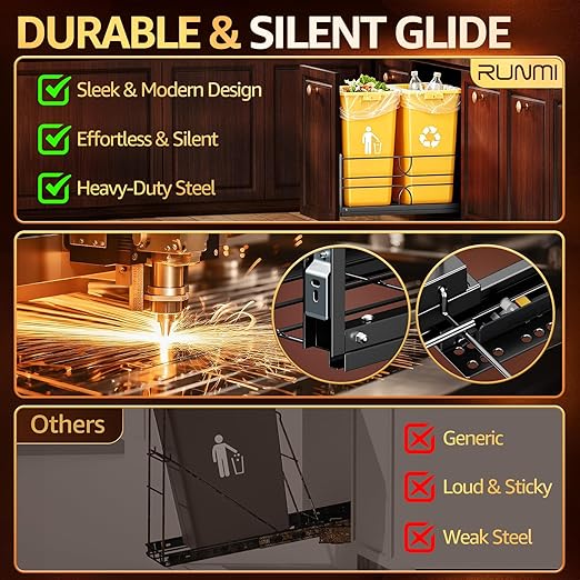 Double Pull Out Trash Can Under Cabinet with Soft-Close Slides, 200LB Heavy-Duty Black Under Sink Trash Can Pull Out for Kitchen, Fits Minimum Cabinet Opening 16" W x 23" D, Can Not Included