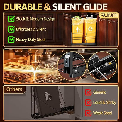 Double Pull Out Trash Can Under Cabinet with Soft-Close Slides, 200LB Heavy-Duty Black Under Sink Trash Can Pull Out for Kitchen, Fits Minimum Cabinet Opening 16" W x 23" D, Can Not Included