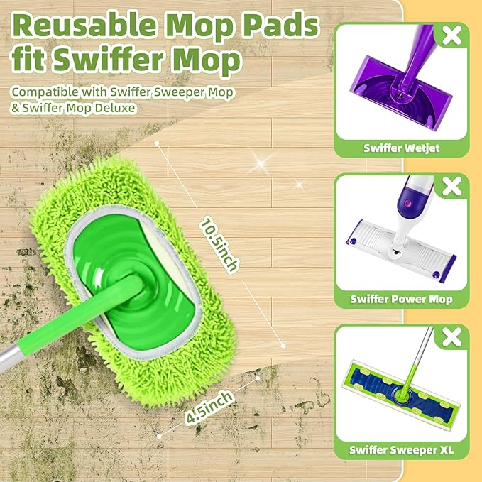 Reusable Microfiber Pads Compatible with Sweeper Mop, Washable Wet Pads Refill & Highly Absorbent Dry Sweeping Cloths - Chenille Mopping Pad for All Sealed Floors Cleaning (Mop is not Included)