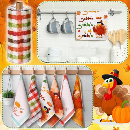 Mindsoft 36 Pcs Thanksgiving Reusable Paper Towels Rolls Washable Bulk Thanksgiving Pumpkin Turkey Kitchen Towels Paperless Reusable Cloth Cotton Napkins with Cardboard for Kitchen Bathroom