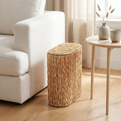 Coeusy Wicker Bathroom Trash Can with Lid,Narrow Rattan Waste Basket with Removable Liner Bucket,Slim Woven Water Hyacinth Garbage Can for Bedroom,Office,Small Spaces,3 Gallon